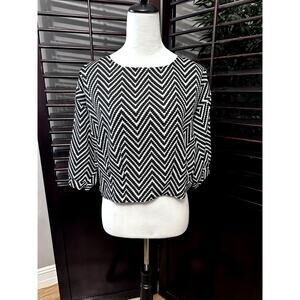 NU New York Women's Black & White Herringbone 3/4 Sleeve Blouse Key Hole Back L